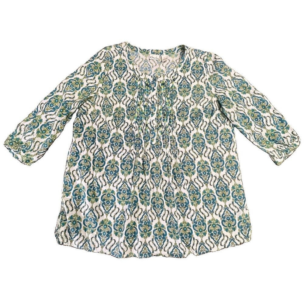 Women’s Plus 1X Tunic Cotton Paisley Floral Beading 3/4 Sleeve Summer Coastal